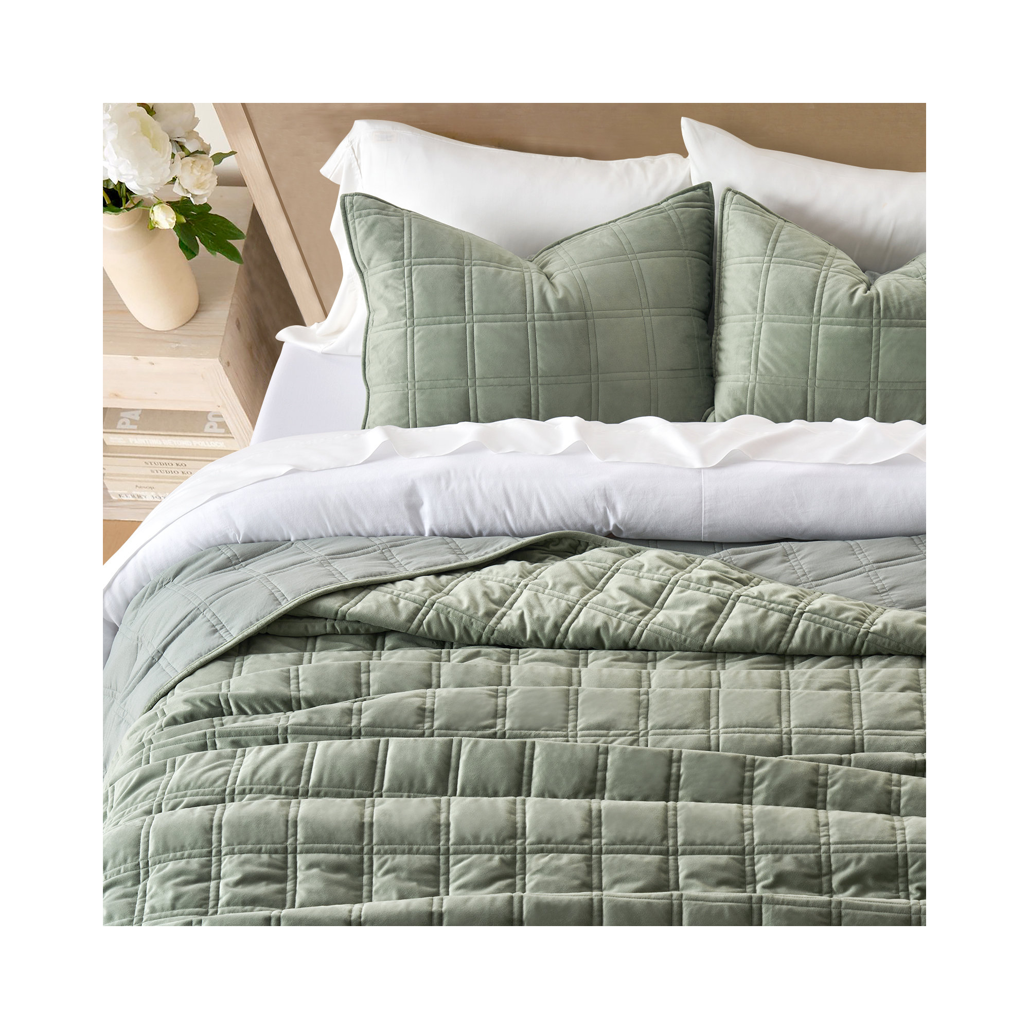 Double Box Stitch Velvet Quilt set, King Quilt + 2 King Shams, Sage Green