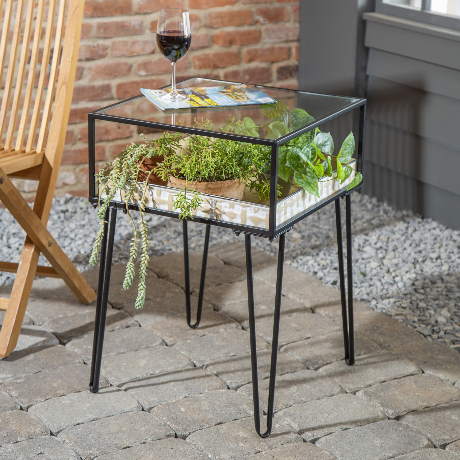 17 Stories Gold Metal and Glass Elevated Table w/ Succulent Planter | Wayfair