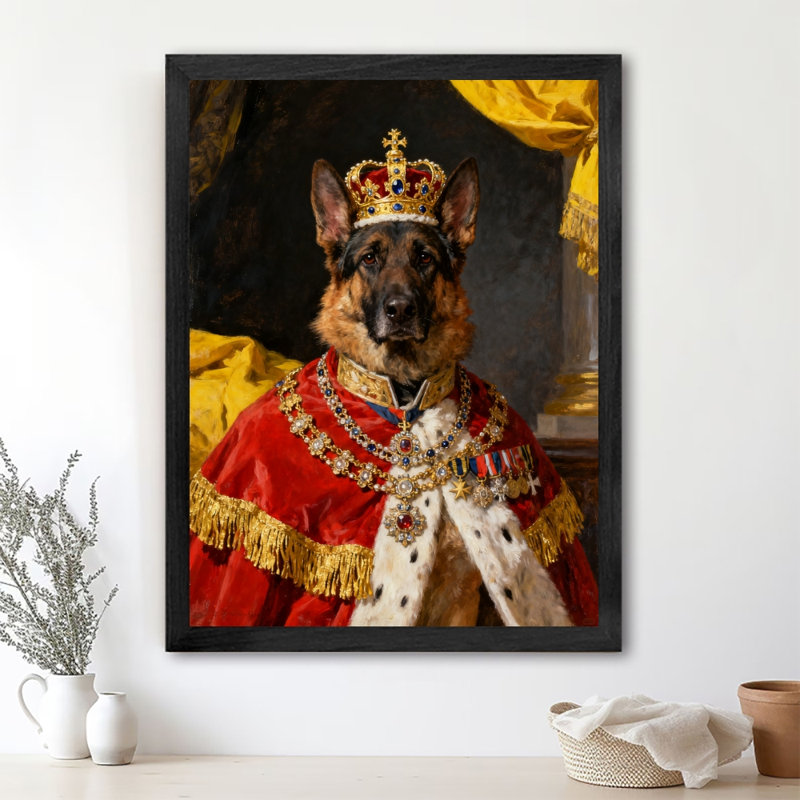 Black Framed Vintage German Shepherd The King Wall Art Retro Style Framed Prints, 17" H x 13" W