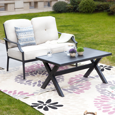 Stradford 2-Person Patio Loveseat and Coffee Table Conversation Set with Beige Cushions