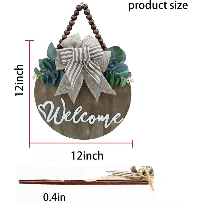 12" x 12" Round Faux Leaves & Rustic Beads | Farmhouse Porch Decor by 3D Wooden Welcome Sign Wall Art