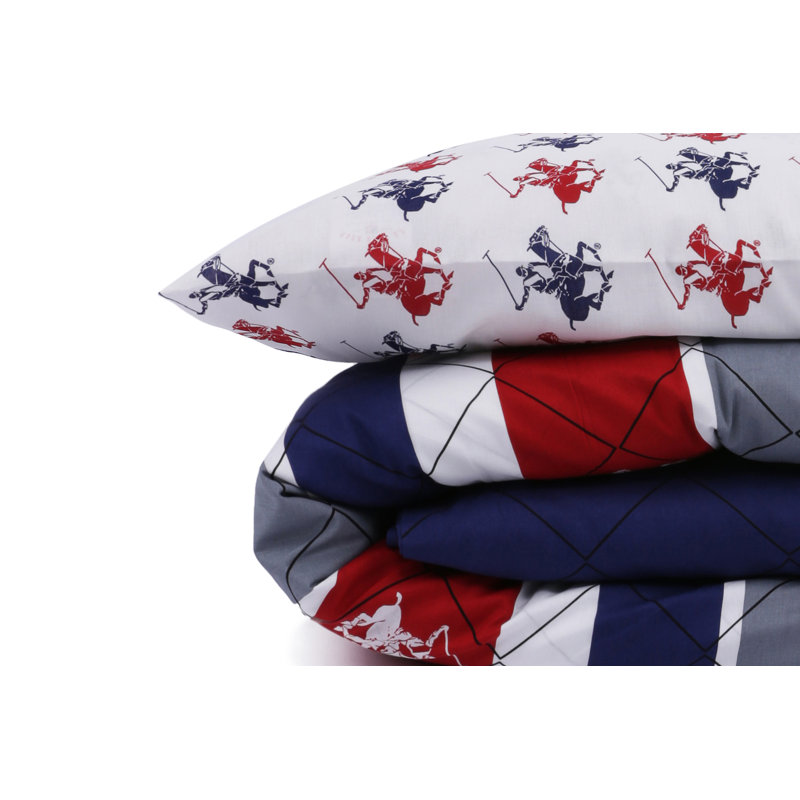 Ensemble de housse de couette 100% coton Caldecott blanc / bleu / rouge, Housse de couette double + 2 taies d'oreiller 31 p