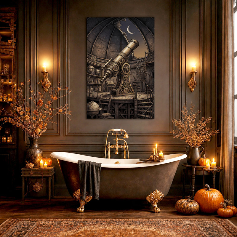 Télescope en laiton sous le dôme de l'observatoire, sous une toile murale d'Halloween, 48"H x 32"W