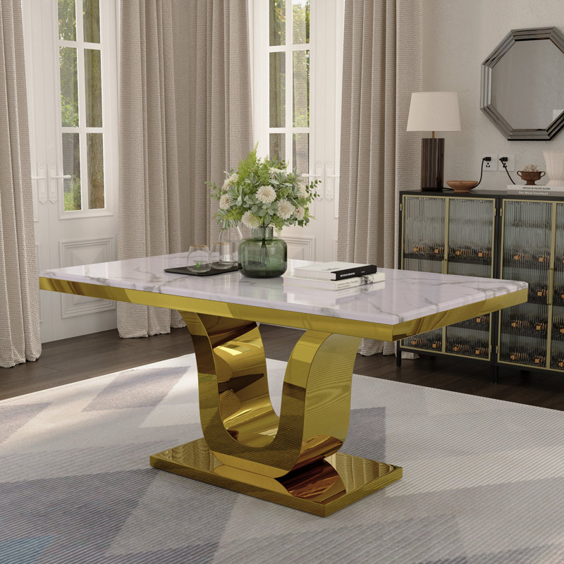 Bernhold Faux Marble Top Metal Base Dining Table, Gold