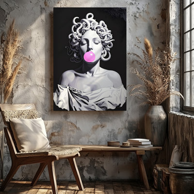 Canvas Wall Art Playful Medusa Bust Canvasminimalist Mythology With Bubblegum Twist Ready To Hang Gallery Wrapped Home Decor Modern Design