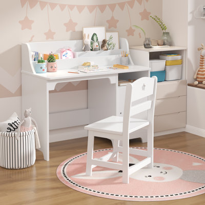Kids Study Desk with Chair, Wooden Children Study Table, Desk for Boys Girls with Hutch, Storage Cabinet, Student Writing Desks Computer Workstation for Kids Bedroom
