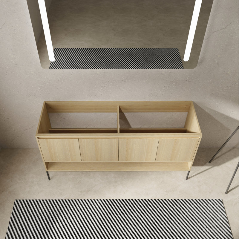 Meuble-lavabo autoportant de 60 po en bois d'ingénierie, 4 portes à fermeture en douceur, moderne, salle de bain en chêne