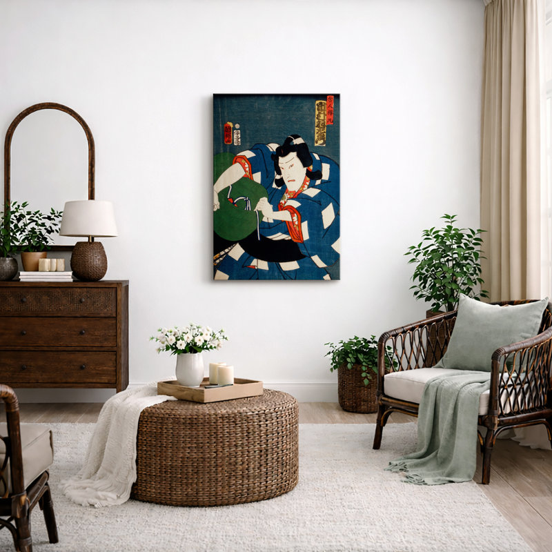 Japanese Ukiyo-e Action Scene in Blue Robe Artwork, Traditional Edo Kabuki Pictures, Framed Canvas Giclee Print Wall Art