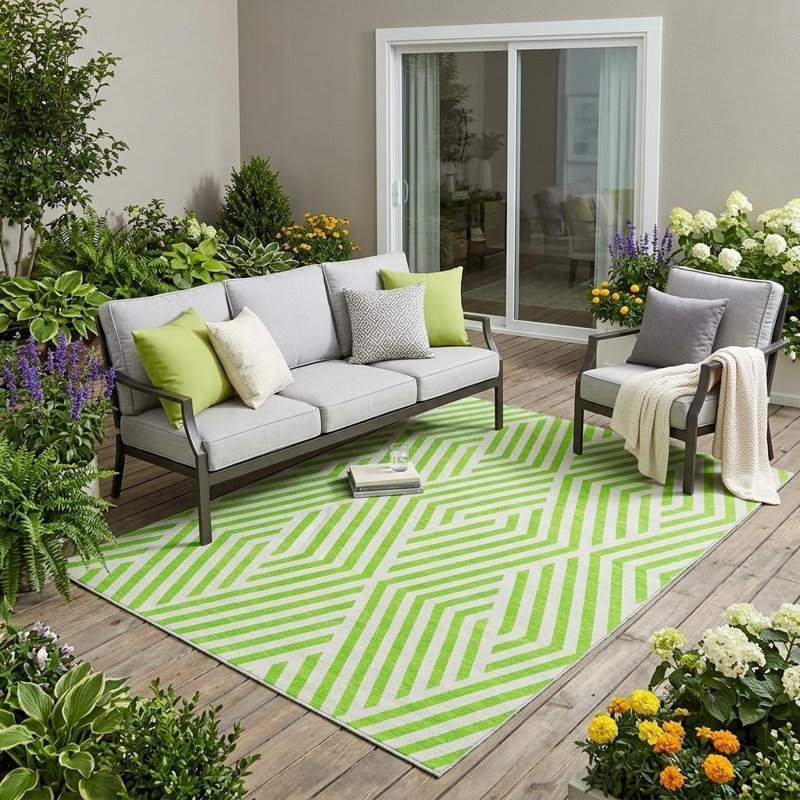 Tapis extérieur lavable antidérapant géométrique vert lime et blanc 5 pi x 8 pi
