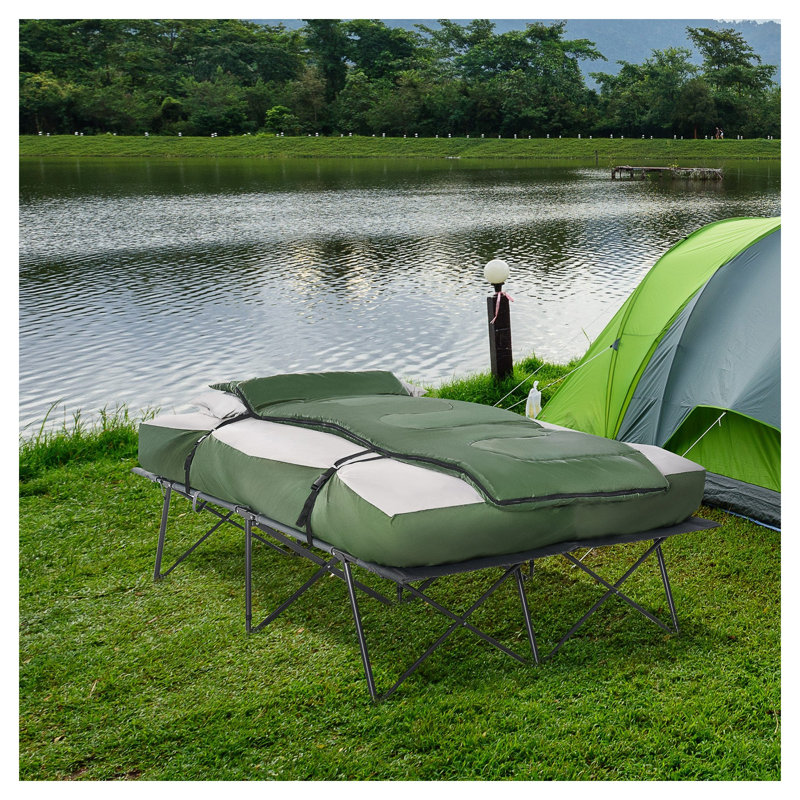 Outsunny 2-Person Folding Camping Cot with Inflatable Sleeping Pad, Pillows, and Carry Bag