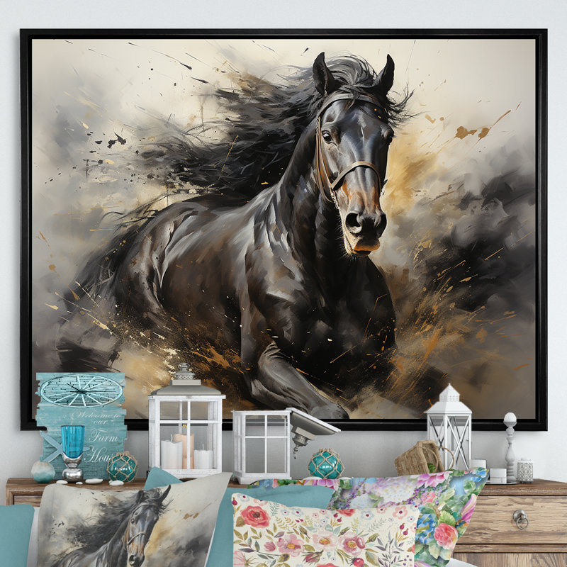 Étalon noir en mouvement I - cheval, art mural, Cadre flottant noir, H 16 po x l 32 po x P 1 po