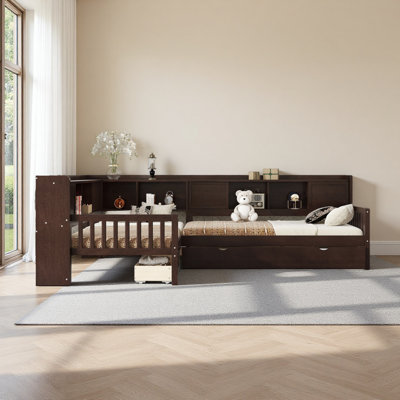 Lit plateforme en L simple avec lit gigogne, lit plateforme en bois massif avec tiroirs de rangement et tablettes, aucune boîte à ressorts nécessaire