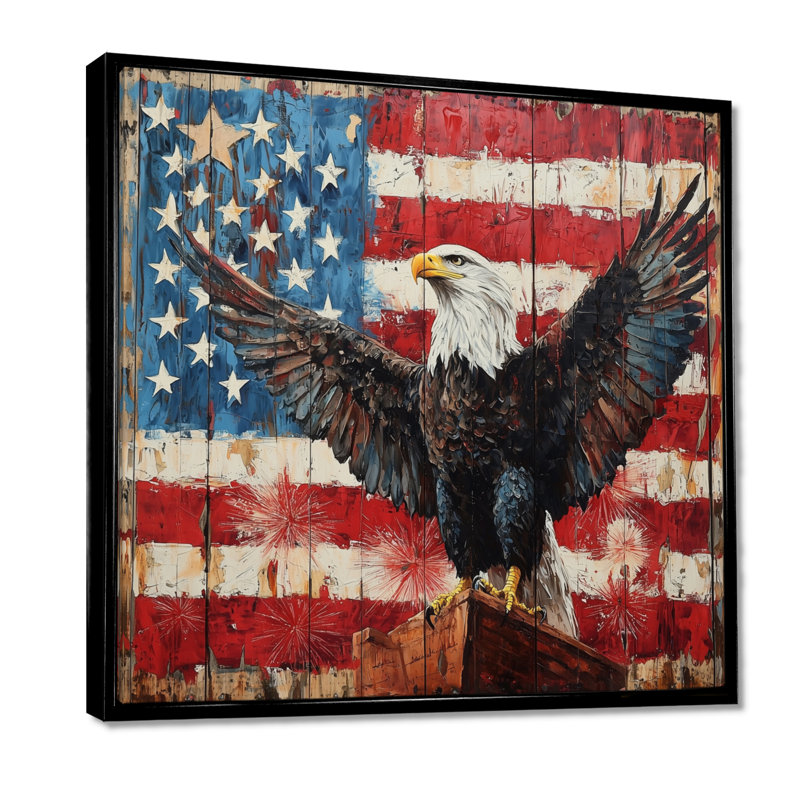 Patriotisme, aigle et drapeau des États-Unis, paysage III - art mural aigle pour le salon, Impression encadrée flottante