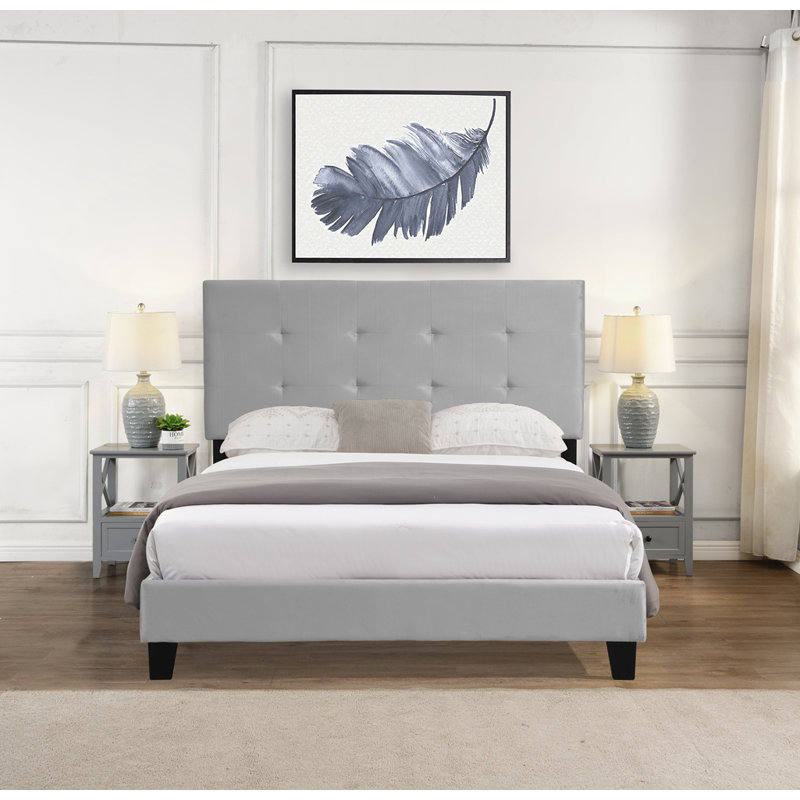 Base de lit double tapissier avec tête de lit capitonnée, support de lattes en bois massif, sommier sans sommier, assemblage facile, gris