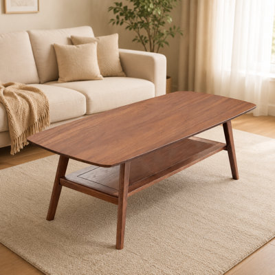 Centre de table Table basse 100% chêne massif avec plateau en bois massif et plateau de bureau pour travailler à la maison Facile à assembler en bois de couleur noyer avec tablette de rangement