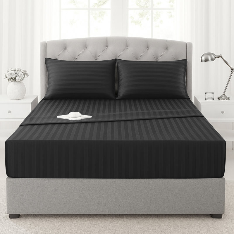 200 Thread Count Microfibre Stripe Fitted Sheet 40cm, Black, Double (4'6)