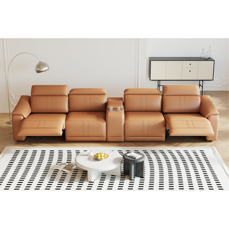 Power Recliner Sofa Set, 4-Seat Reclining Sectional Sofa With Adjustable Headrest &  Power Recline, Breathable Leather With Storage Console & USB Ports, Easy Assembly Living Room Furniture Sets