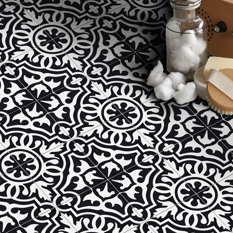 Baha 8" X 8" Cement Patterned Wall & Floor Tile, Black/White