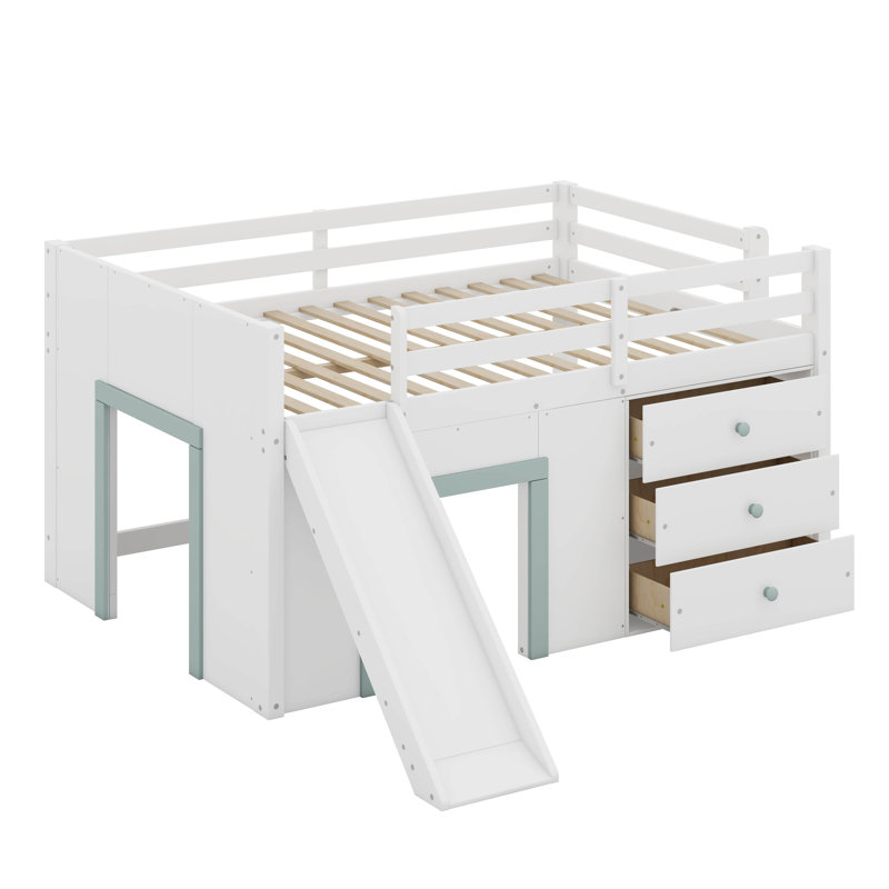 Lit mezzanine double pleine grandeur avec glissade, trois tiroirs de rangement et deux portes