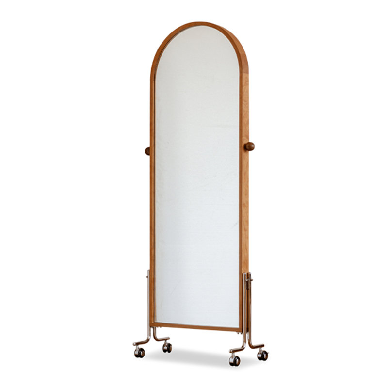 Modern Minimalist Cherry Wood Mobile Storage Full-Length Mirror