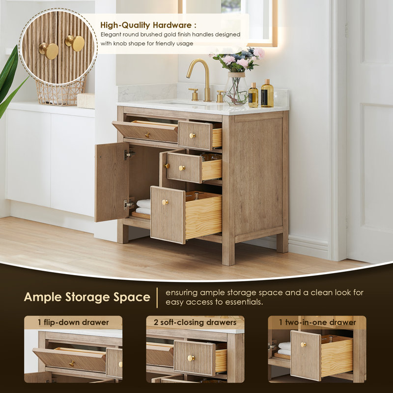 Lala 36" Single Bathroom Vanity with Grain White Engineered Stone Countertop without Mirror, Natural Oak