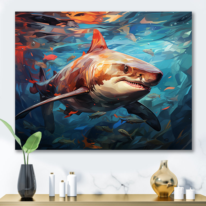 Bleu sarcelle, requin, océan, danse, géométrique, H 16 po x l 32 po x P 1 po, Toile tendue