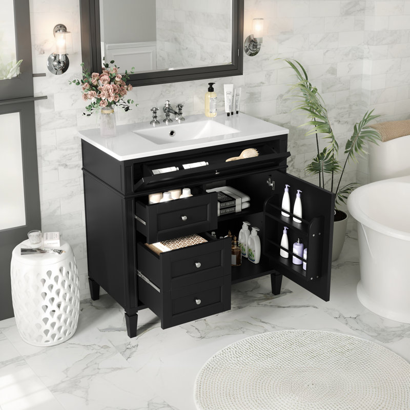 Dannylynn Bathroom Vanity with Top Sink, Bathroom Storage Cabinet with 2 Drawers and a Tip-out Drawer, Black