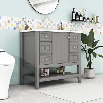 Meuble-lavabo moderne en bois avec lavabo en céramique et rangement multifonctionnel