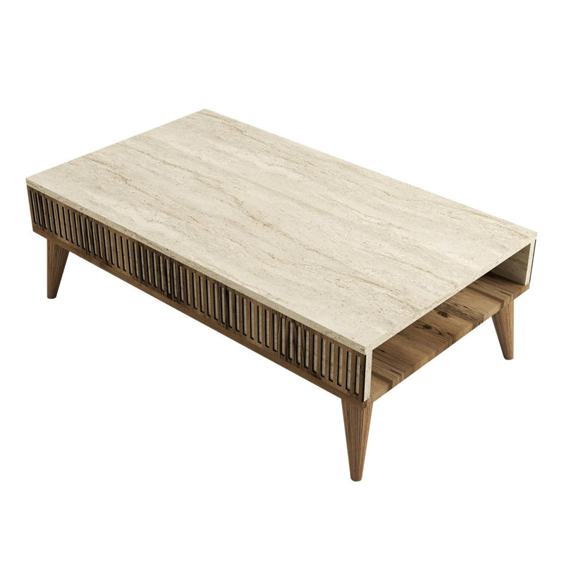 Modern Coffee Table, Walnut & Travertine, 41.3 x 13.8 x 23.6 inches | 100% Melamine Coated Particle Board, Thickness: 0.7 inches | Stylish Marble Design, Perfect for Living Room & Contemporary Spaces