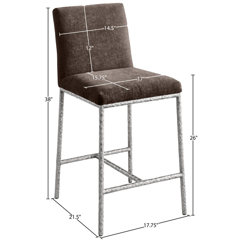 Tabouret de comptoir rembourré Reeves, Argent brossé, Tissu chenille brun
