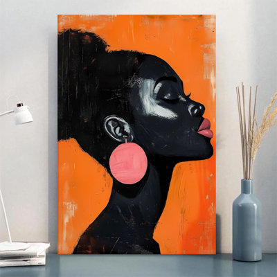 1Pc Canvas 24x36 inches Large Wall Art Portrait of a black woman, pink earrings, expressionist style Framed Wall Decor for Home Decor & Room Decor Print for Home, Living Room, Bedroom