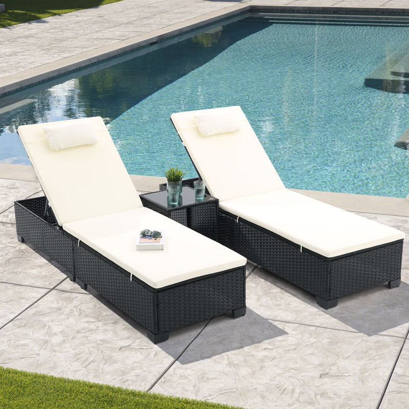3 Pcs Patio Chaise Lounge with Coffee Table Cushion&Pillow Outdoor Lounge Chair Chaise Lounger Patio Reclining Chair 5 Angle Adjustment PE Rattan for Courtyards Poolside Garden