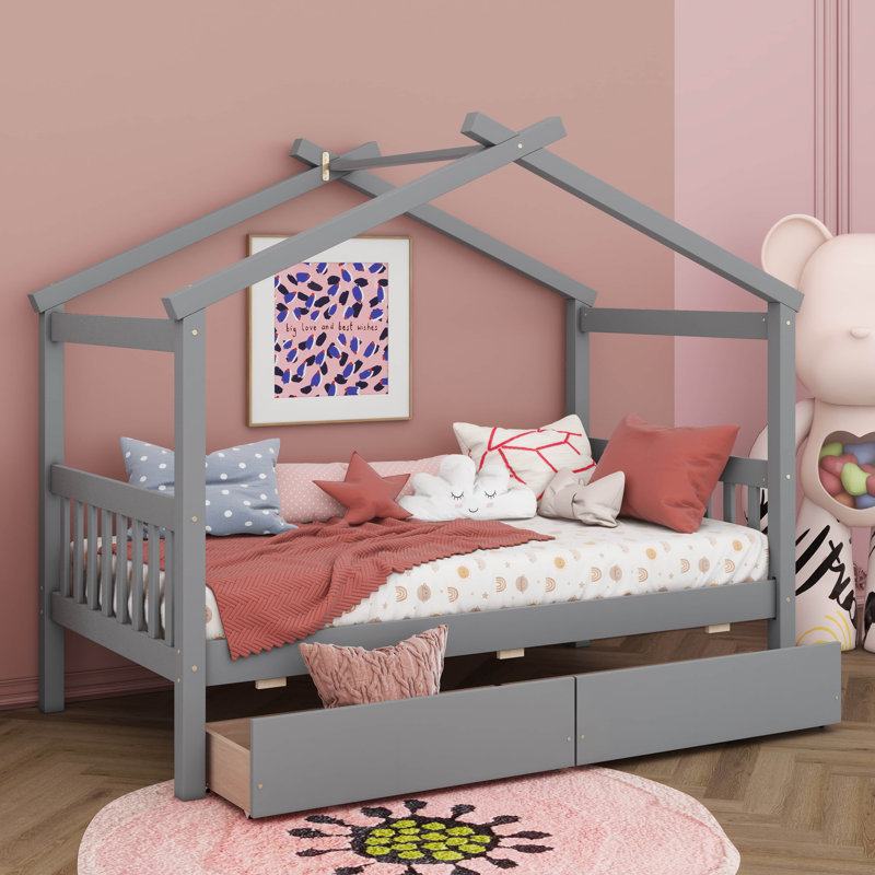  Lit en bois avec tiroirs, Gris