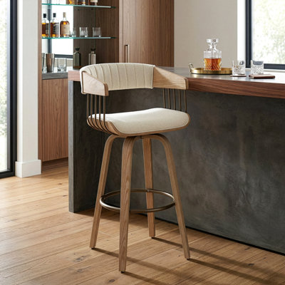 Berke Beige Upholstered Fabric Counter Stool with Natural Wood Legs