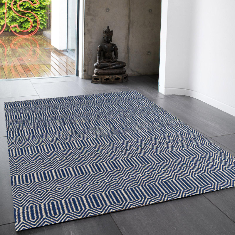 Blue Geometric Handmade Modern Easy To Clean Rug Dining Room Bedroom And Living Room, Wool/Cotton, Rectangle 160 x 230cm