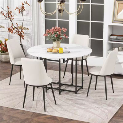 Space-Saving 5-Piece Extendable Dining Set – Round Faux Marble Table with Gold Frame & 4 Chairs -  Mercer41, A9F8C21E8B194D9D9E22DA428AF3FE14