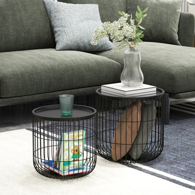 2 Coffee Tables, Round With Steel Basket Urn, Removable Tops, Stacking End Tables For Living Room Lure, Black Nesting Of 2, Wire Basket, Space Saver & Multi-Purpose