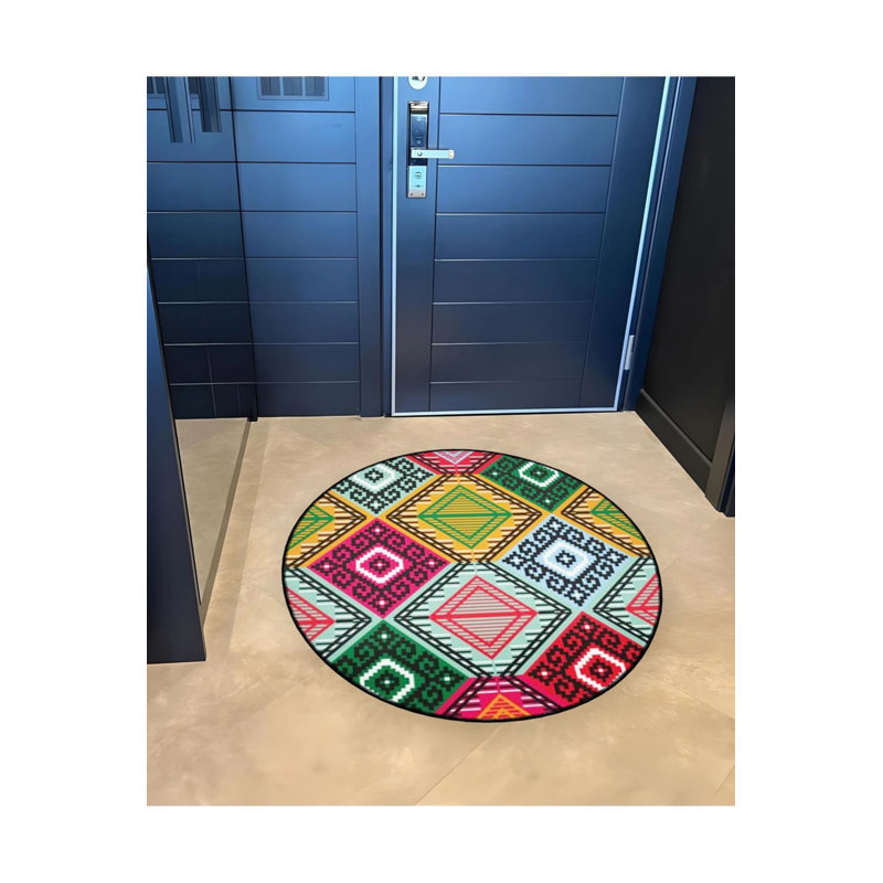 Multicolored Black Shapes Detailed Woven Base Modern Decorative Carpet, Round 3'4"