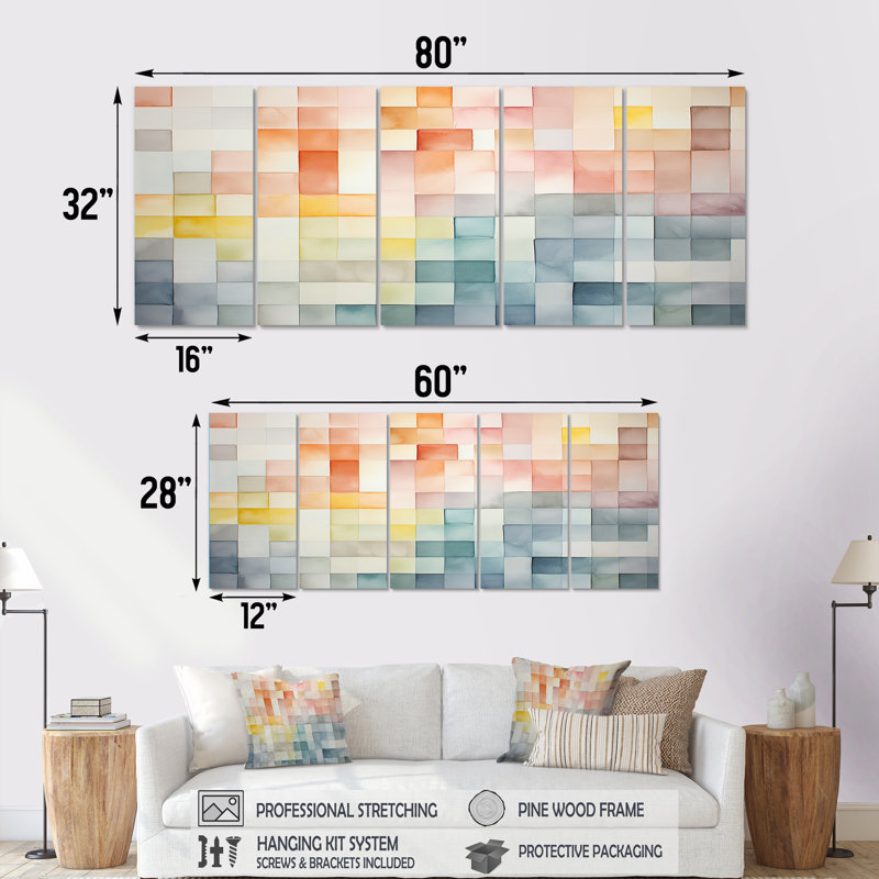 Motif de cubes multicolores II - ensemble géométrique abstrait 5 pièces, H 28 po x l 60 po