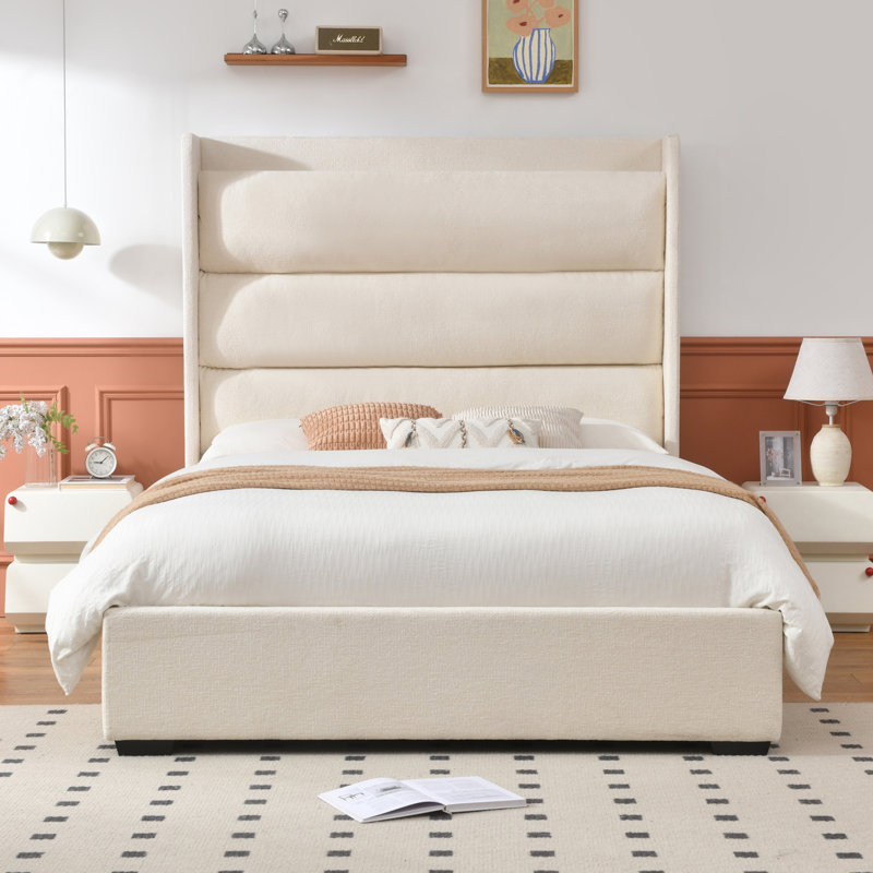 Upholstered Platform Storage Bed with High Backrest and Two Large Solid Wood Drawers, Cream, Queen