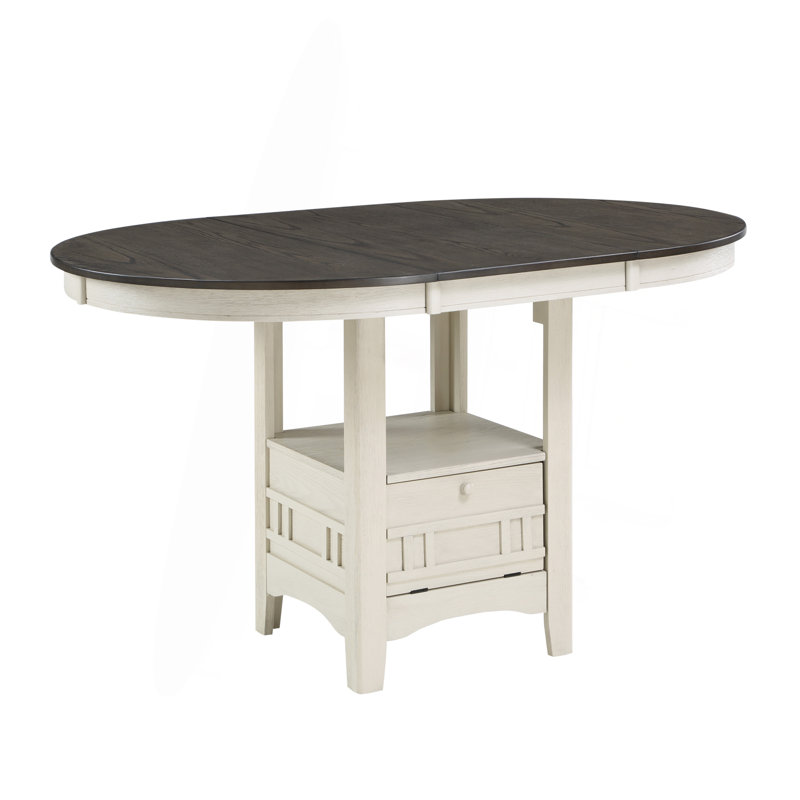 Table de salle à manger à hauteur de comptoir avec rallonge et base de rangement, Blanc antique
