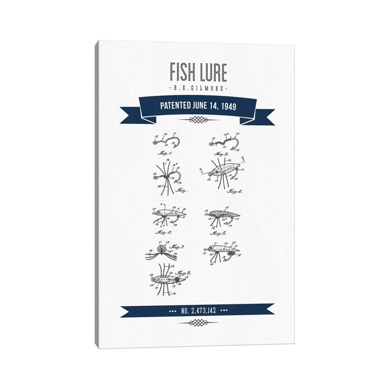 B.E. Gilmore Fishing Lure Patent Sketch Navy Blue by Aged Pixel - Wrapped Canvas Print, 30.48cm H x 20.32cm W x 1.905cm D