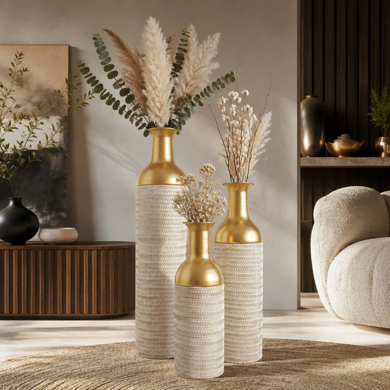 Decorative Metal Vases Set of 3 with Leaf Pattern Tall Narrow Silhouette for Living Room Entryway Decor