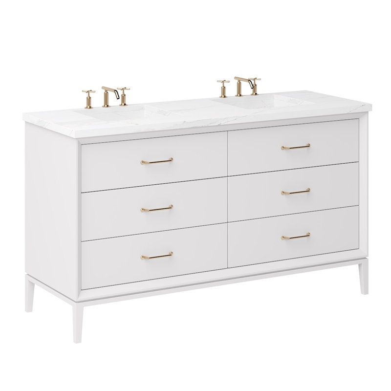 Alexandra Double Drawer Bath Vanity, Strong White, 72", Satin Gold