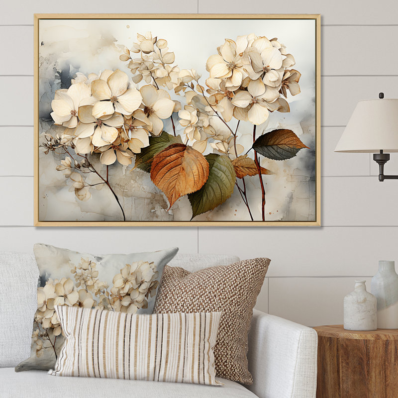 Hortensias botaniques rétro - impression, Cadre naturel flottant, H 30 po x l 40 po x P 1,5 po