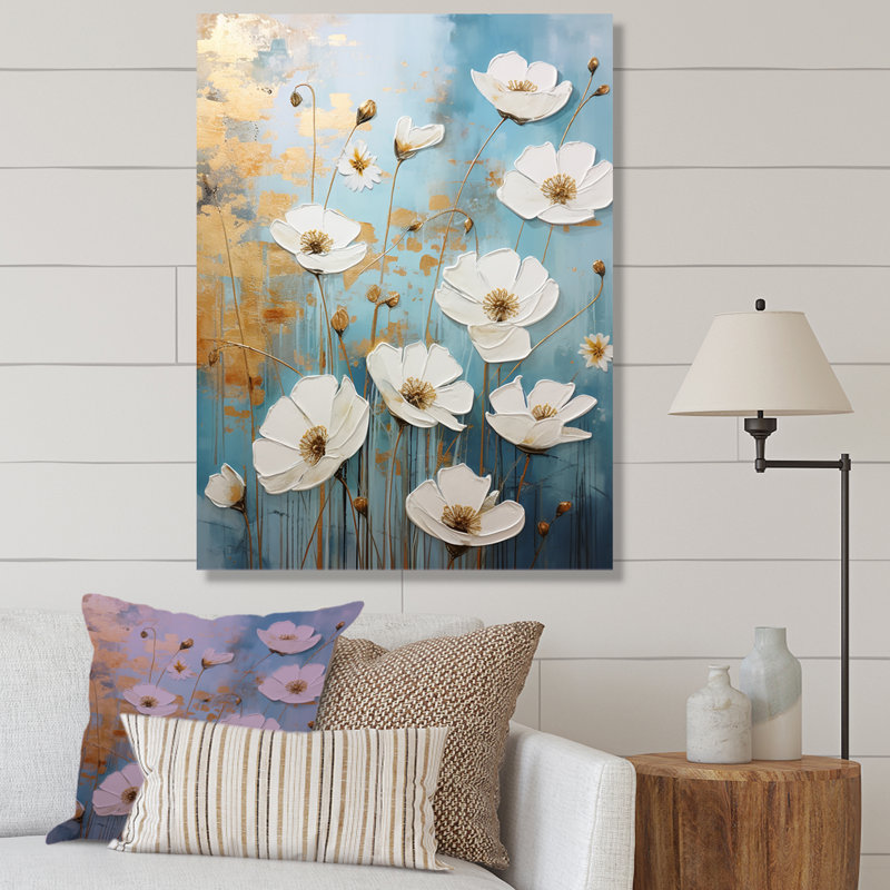 Minimalisme bleu blanc Buttercups I - Buttercups, reproduction sur toile, H 40 po x l 30 po x P 1,5 po, Toile tendue