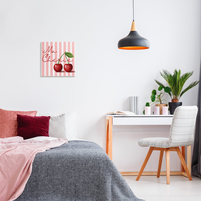 Toile Ma Cherie à rayures et cerises, design par Marcus Prime, H 17 po x l 17 po
