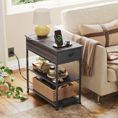 Narrow Side Table With Charging Station, End Table, Couch Table With Fabric Drawer For  For Living Room, Bedroon