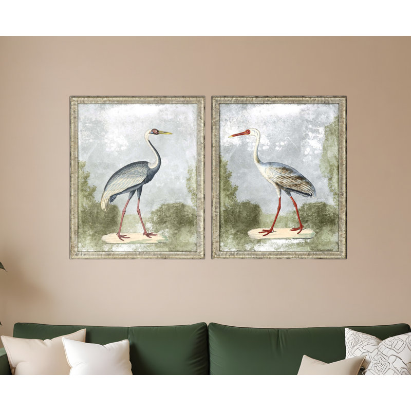 Ensemble de deux grues I, reproduction d'art encadrée argentée