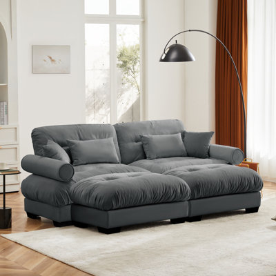 Over Size Modern Two-Seater Sofa With Ottoman, Velvet 2-Seater With Round Bolster Armrests,With Waist Pillow And Throw Pillows, Reading Room Grey